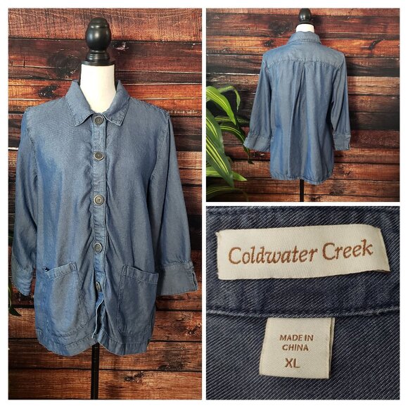 Coldwater Creek Top XL Denim Style Tencel Lyocell Chambray Cropped Sleeves - Picture 1 of 10